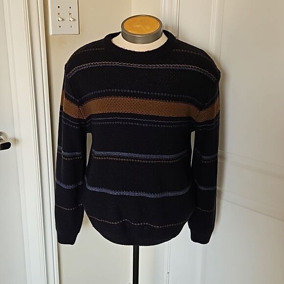 Van Heusen Men's Knitted Long Sleeves Sweater Medium Navy Blue/Brown - Picture 2 of 16